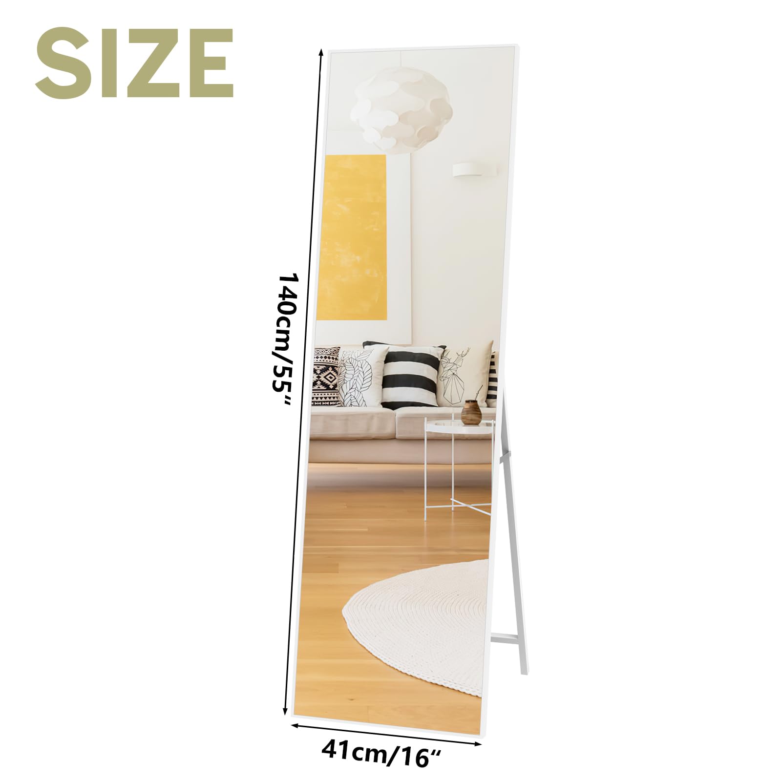 Hoikwo Full Length Mirror – 55x16 Standing or Wall Mounted White Frame