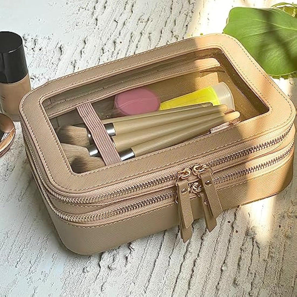 JAZD Clear Makeup Organizer | Large Travel Cosmetic Bag - Beige Saffiano