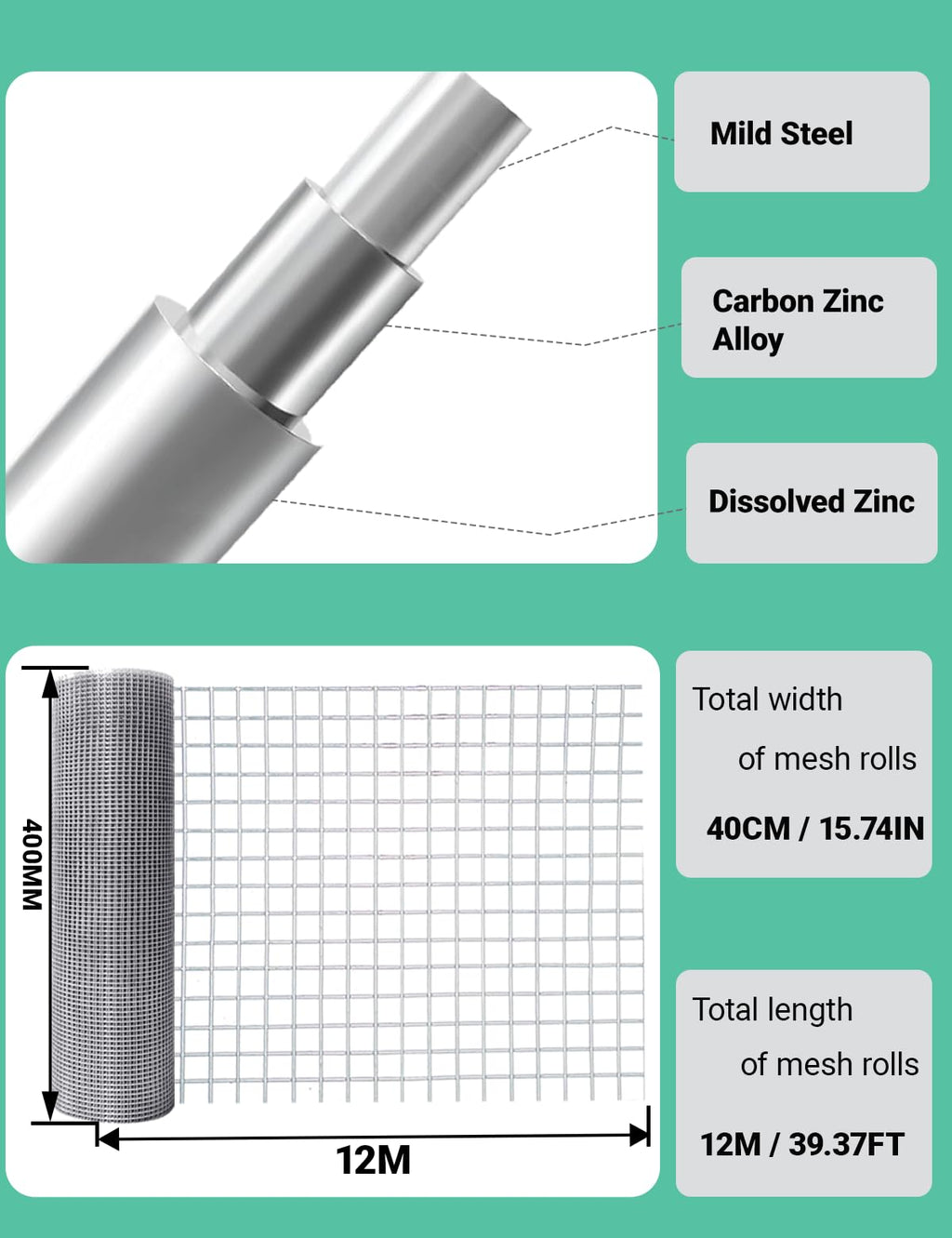 C&Xanadu Rodent Mesh – 400mm x 12m Galvanised Steel Rat Proof Wire Roll