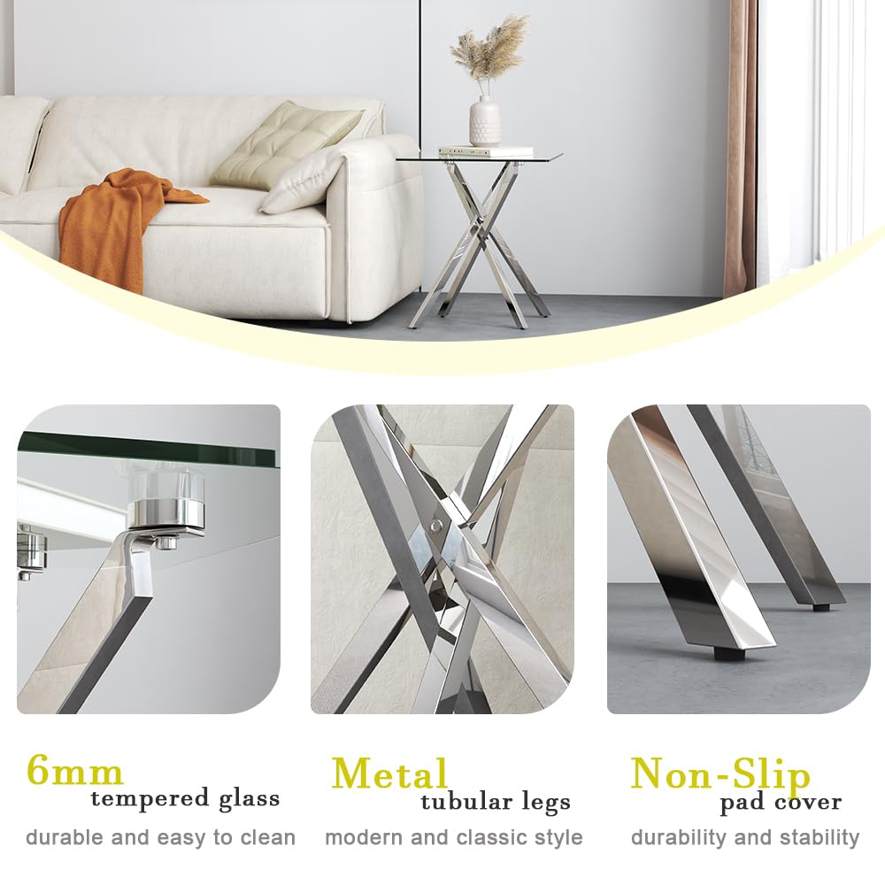 GOLDFAN Small Glass End Table with Chrome Legs for Living Room Square Side Table Modern Contemporary Nightstand for Bedroom Glass&Chrome Legs - image 4