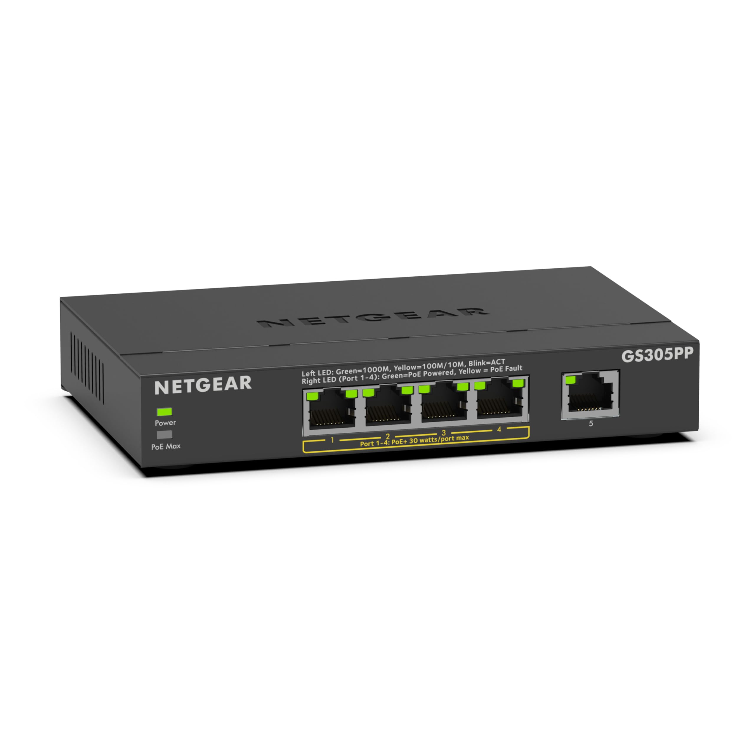 NETGEAR GS305PP 5-Port Gigabit PoE+ Ethernet Switch – Silent Desktop Mount
