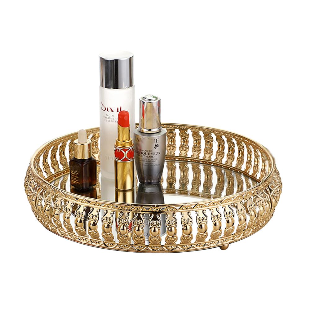 Gold Mirrored Vanity Tray – 10" Metal Makeup & Perfume Organizer