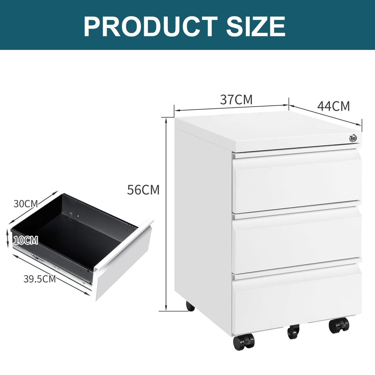 LVSTEEL Mobile Filing Cabinet, Under Desk 3-Drawer Lockable Cabinet with Wheels, Filing Cabinets for Home Office, Pre-Assembled, White - image 4