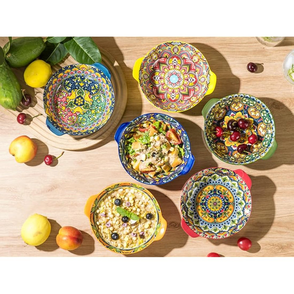 Henten Home Bohemian Ceramic Bowls Set - 6pc Colorful Porcelain with Handles