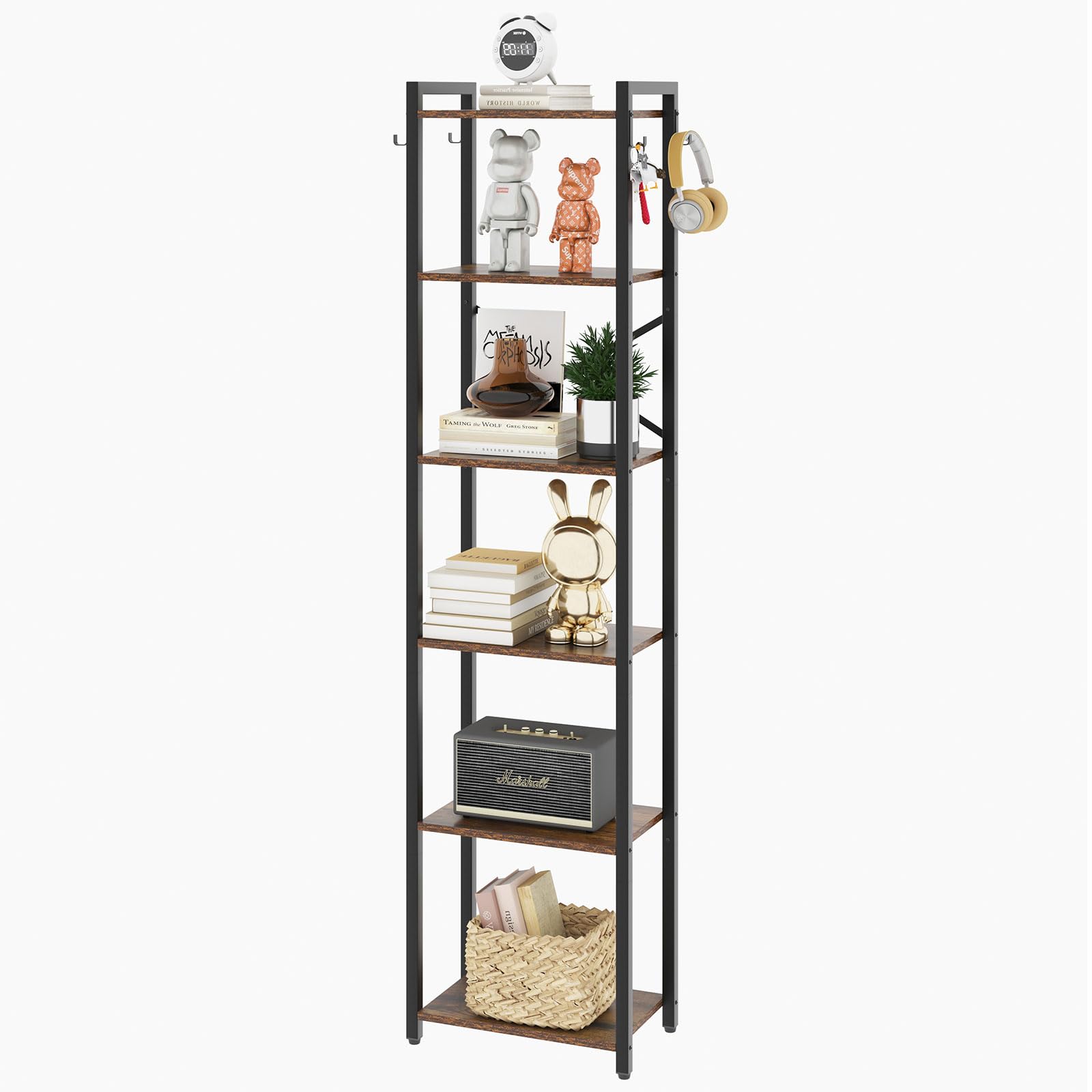 YMYNY 6-Tier Industrial Bookshelf – Rustic Storage Rack with Steel Frame
