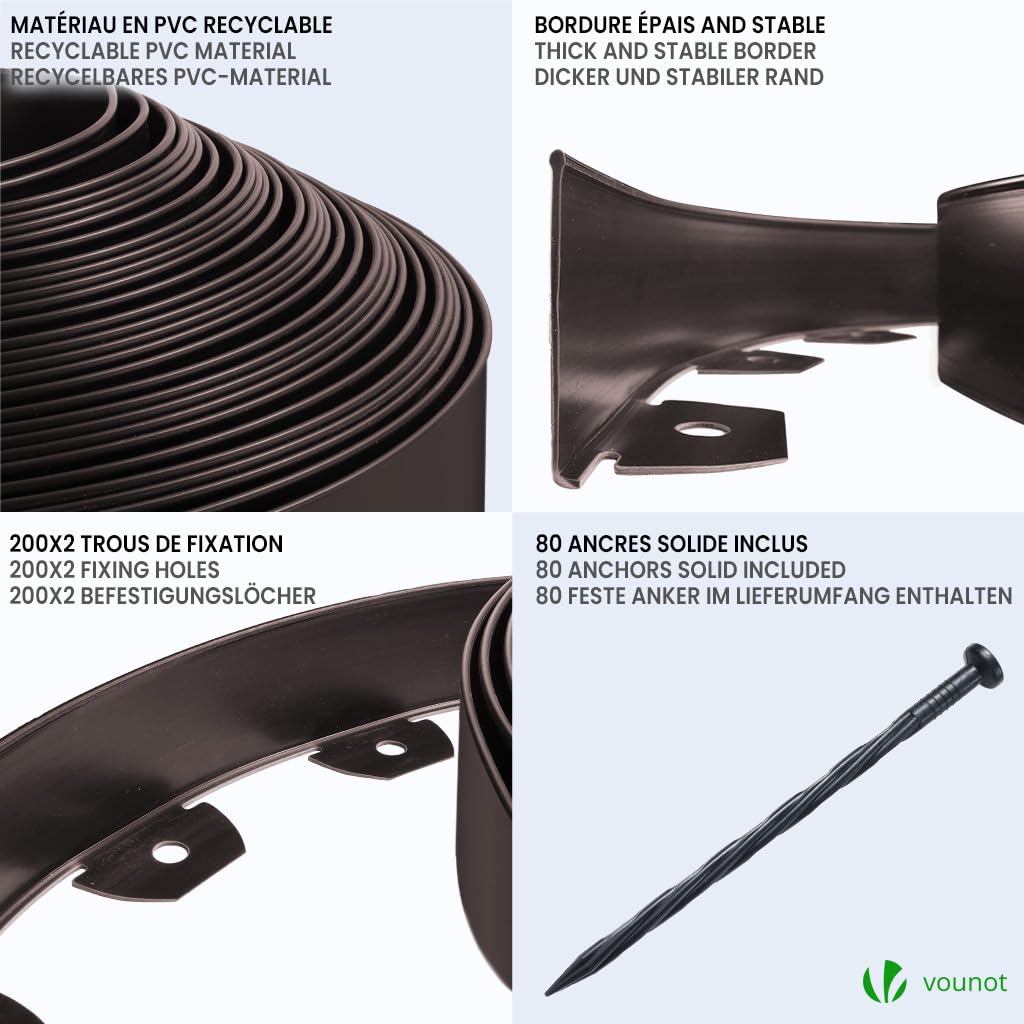 VOUNOT 40m Flexible Garden Edging Border with 80 Pegs - Brown PVC