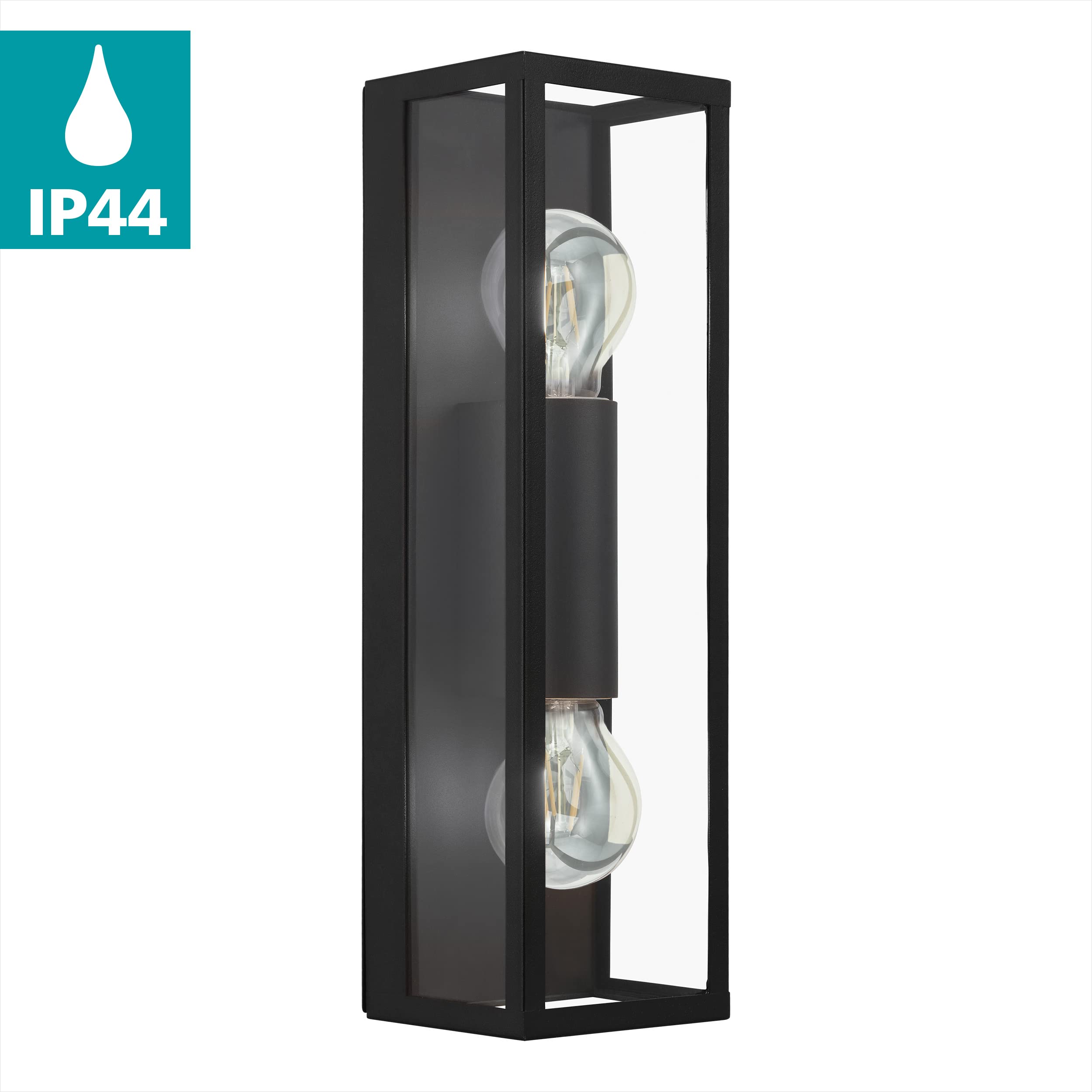 Eglo Amezola 2-Flame Industrial Wall Light | Black Steel & Glass IP44
