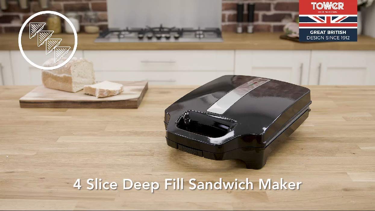 Tower T27021 4 Slice Deep Fill Sandwich Maker | 1600W Non-Stick - Black