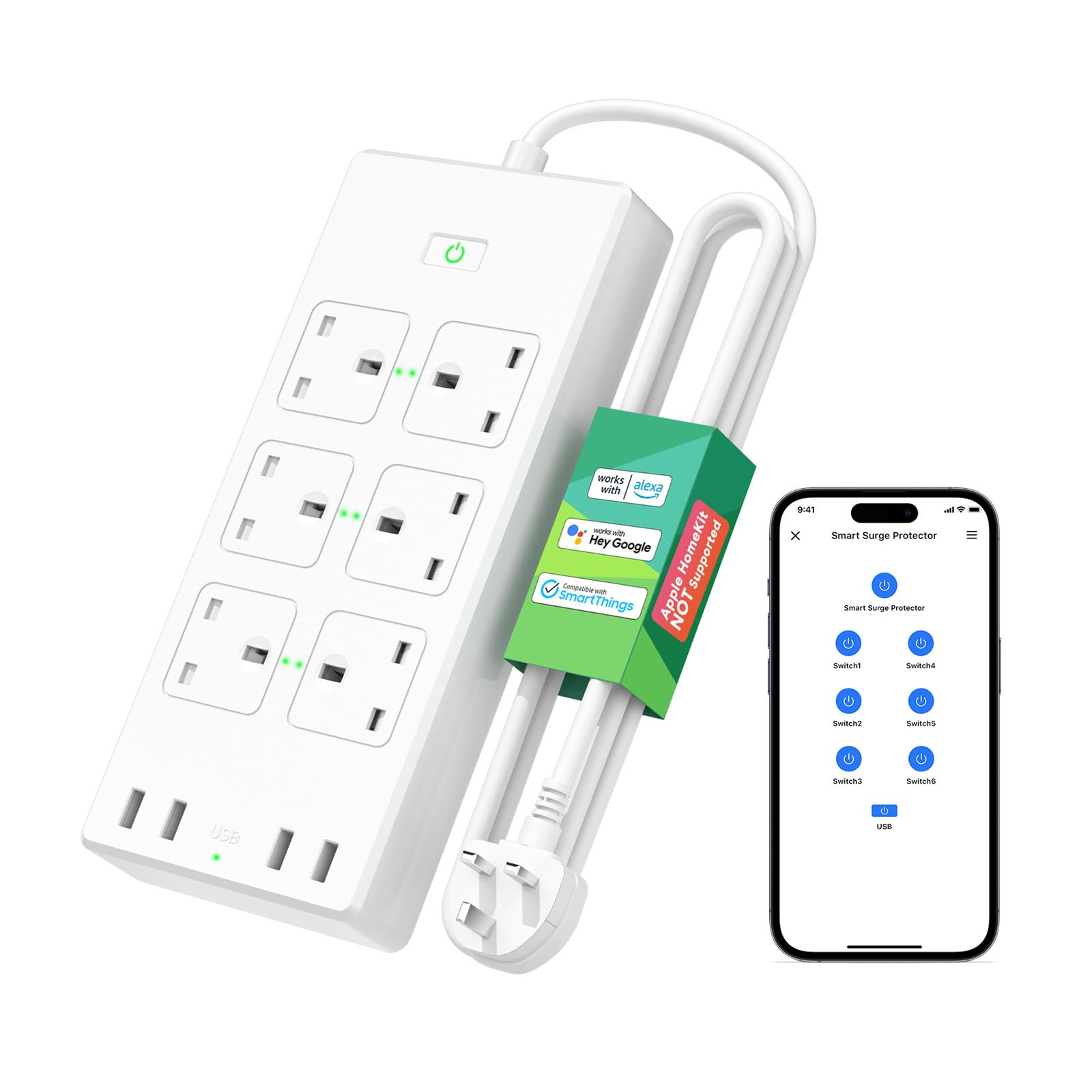 Meross Smart Power Strip – 6 AC Outlets & 4 USB Ports, WiFi Alexa Compatible