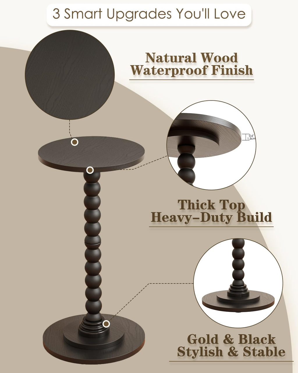 Apetaccat Round Side Table, Drink End Table with Solid Wood Leg, Small Side Tables for Living Room, Bedroom, Study, Black - image 5