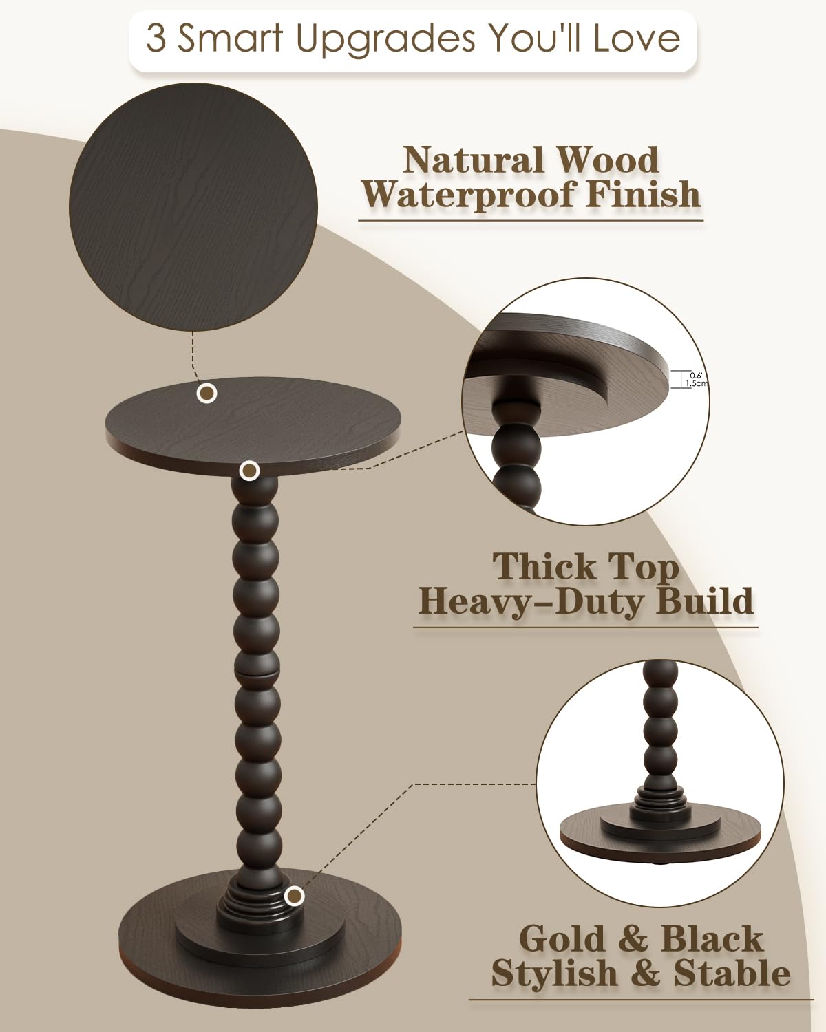 Apetaccat Round Side Table, Drink End Table with Solid Wood Leg, Small Side Tables for Living Room, Bedroom, Study, Black - image 5