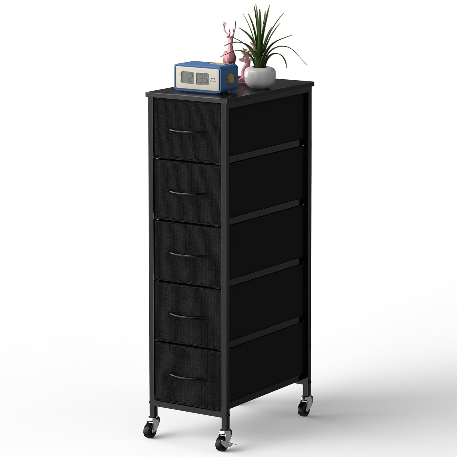 LIANTRAL Narrow 5-Drawer Dresser | Slim Fabric Storage Tower with Wheels