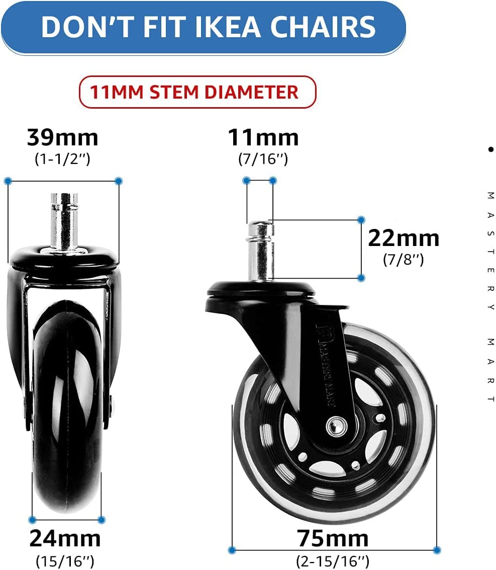 Mastery Mart Office Chair Wheels Replacement- 11x22mm Rubber Office Chair Castors, Smooth & Silent on Hardwood & Carpet - image 3