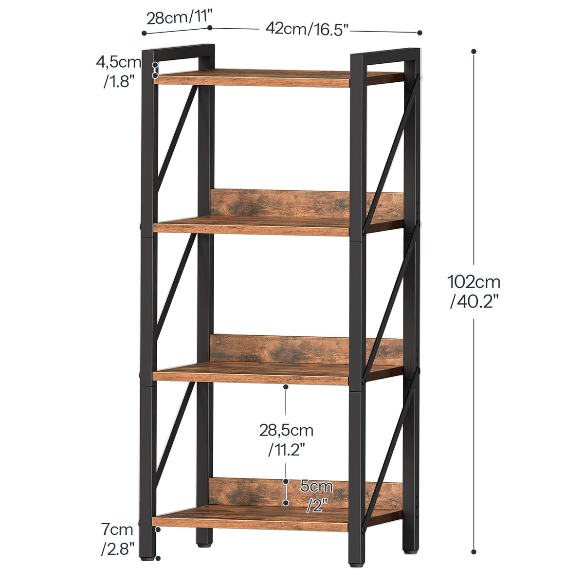 HOOBRO 4-Tier Bookshelf, Industrial Corner Bookcase, Display Rack, Metal Frame, for Living Room, Bedroom, Office, Kitchen, Entryway - image 3