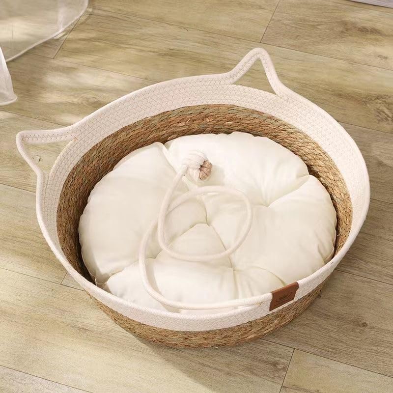 Rukuapid Rattan Cat Basket Bed – Wicker Round Pet Nest with Cotton Cushion