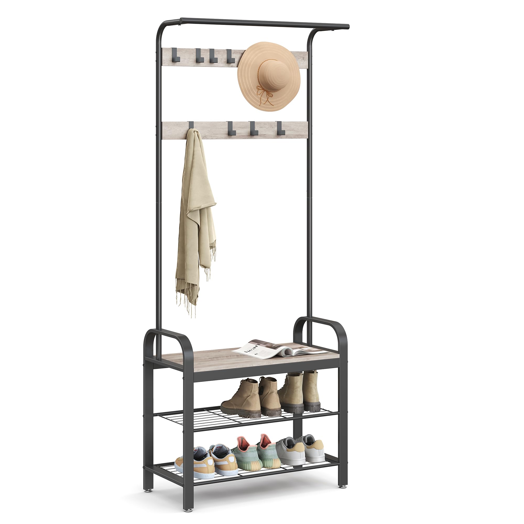 VASAGLE 4-in-1 Coat Rack with Shoe Storage Bench and 9 Hooks – Industrial