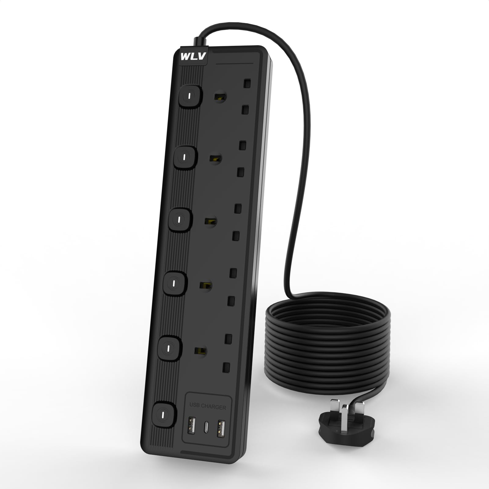 WLV 5 Gang Extension Lead with 3 USB Slots - 3M Wall Mounted Power Strip