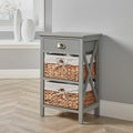 Bedside Table - Grey Wooden Slim Chest with Wicker Basket