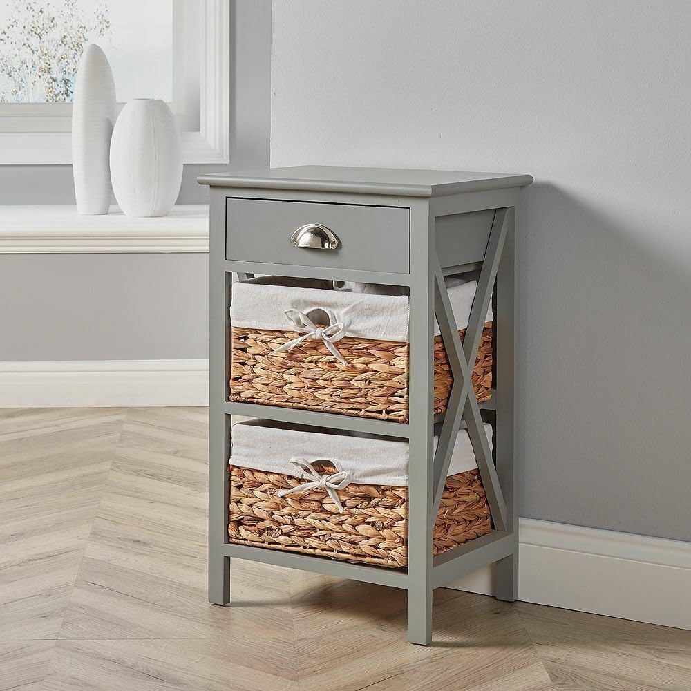 Bedside Table - Grey Wooden Slim Chest with Wicker Basket