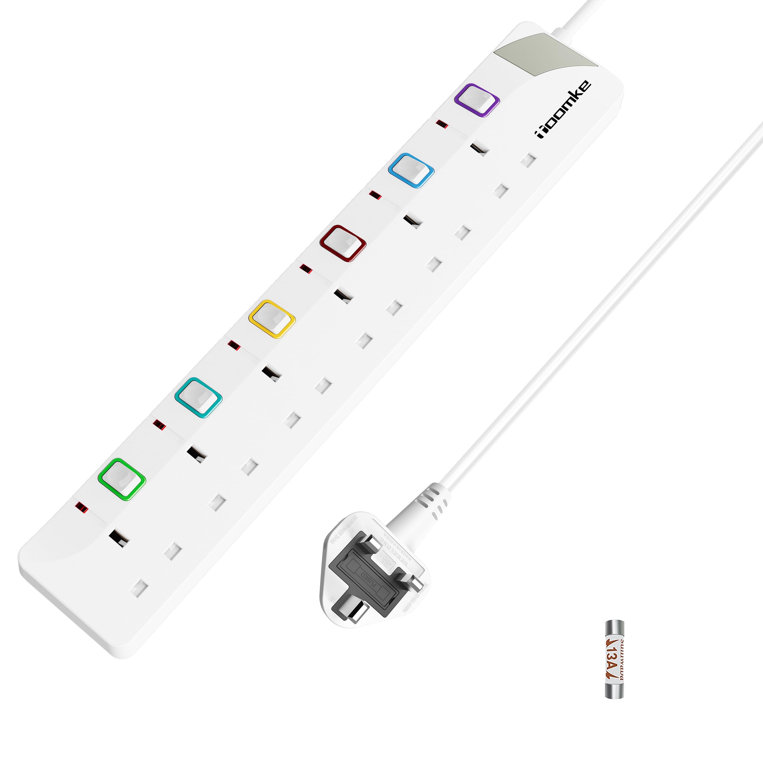 Toomke 6 Way Extension Lead – 1.5M Wall Mountable Power Strip with Switches