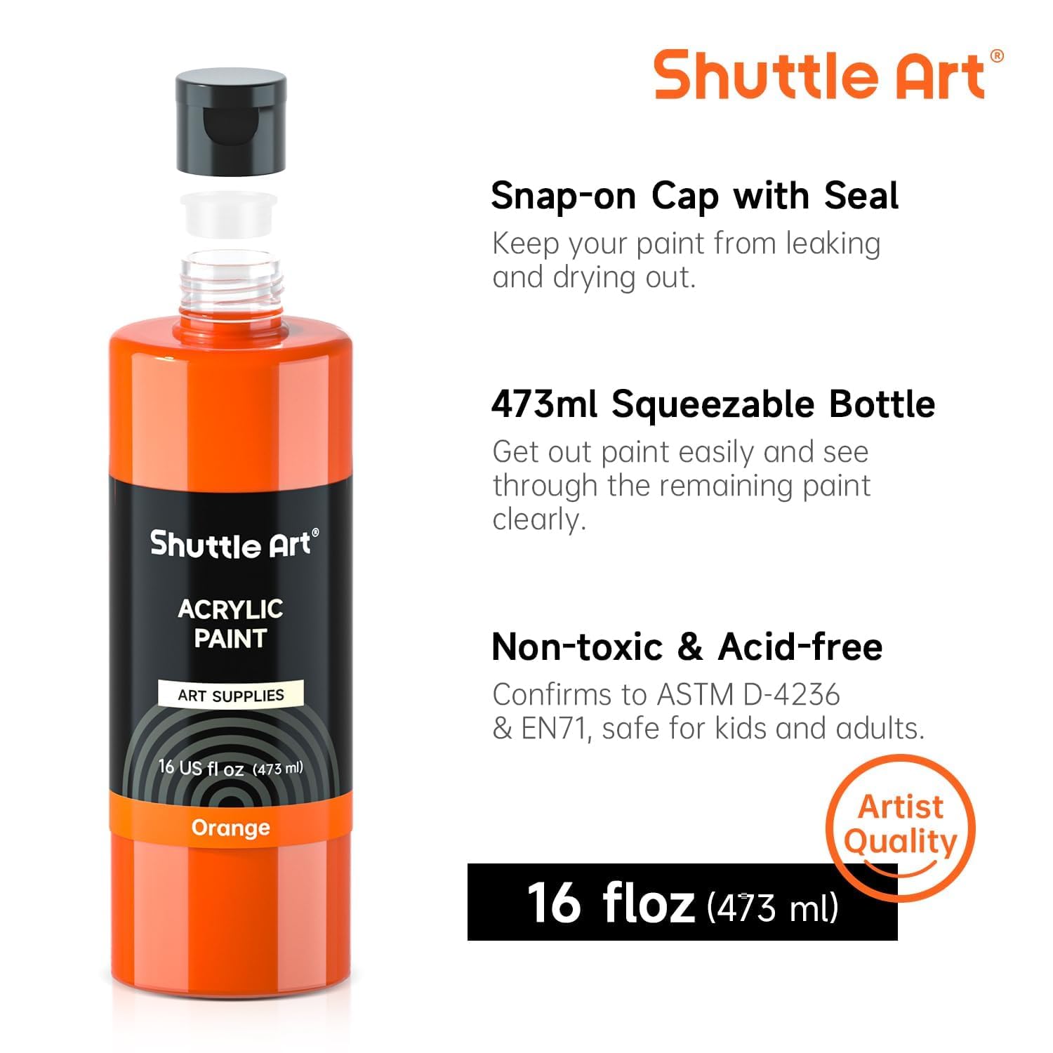 Shuttle Art Acrylic Paint Set - 12 Colors Bulk Bottles (16oz/473ml)