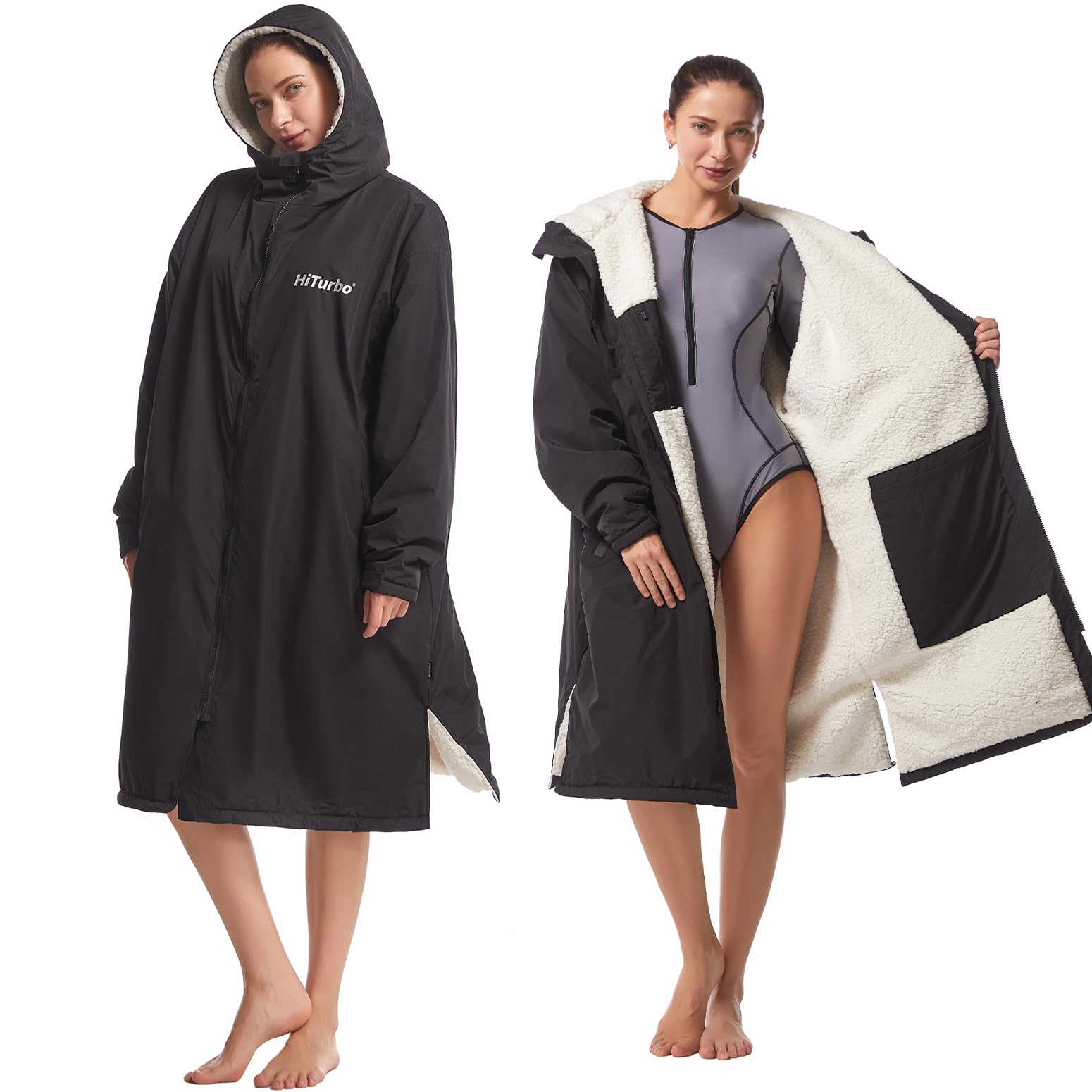 Hiturbo Waterproof Changing Robe – Fleece Lined Surf Poncho Coat in Black