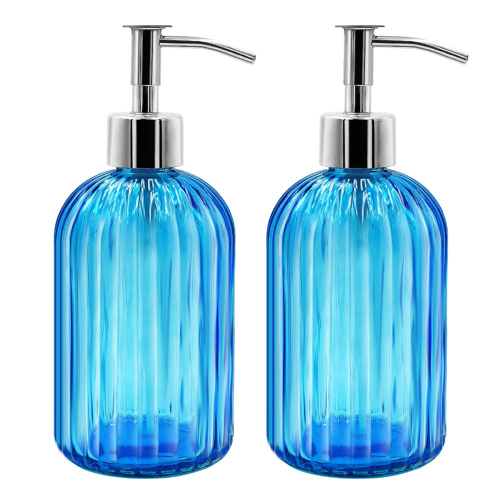 2-Pack Glass Soap Dispenser Set | 14oz Refillable Blue Jars