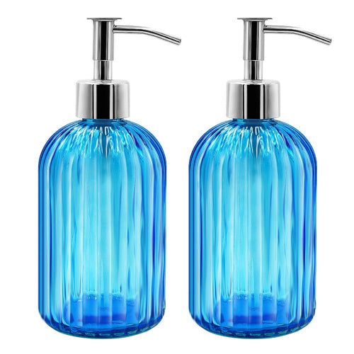 2-Pack Glass Soap Dispenser Set | 14oz Refillable Blue Jars
