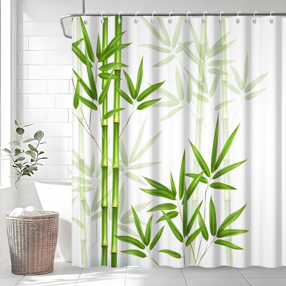 Uiiooazy Bamboo Shower Curtain – Zen Green Leaves Waterproof Polyester
