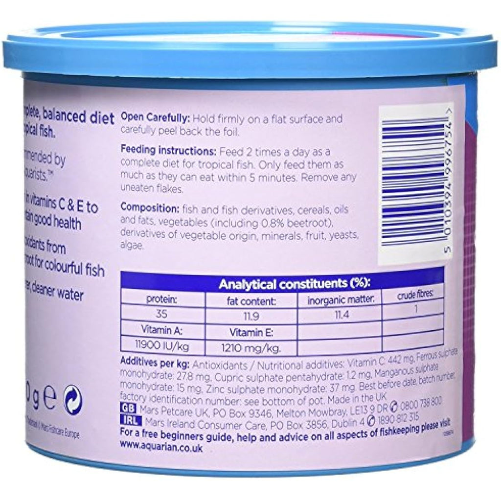 Aquarian Tropical Fish Food Flakes - Complete Nutrition - 200g Container