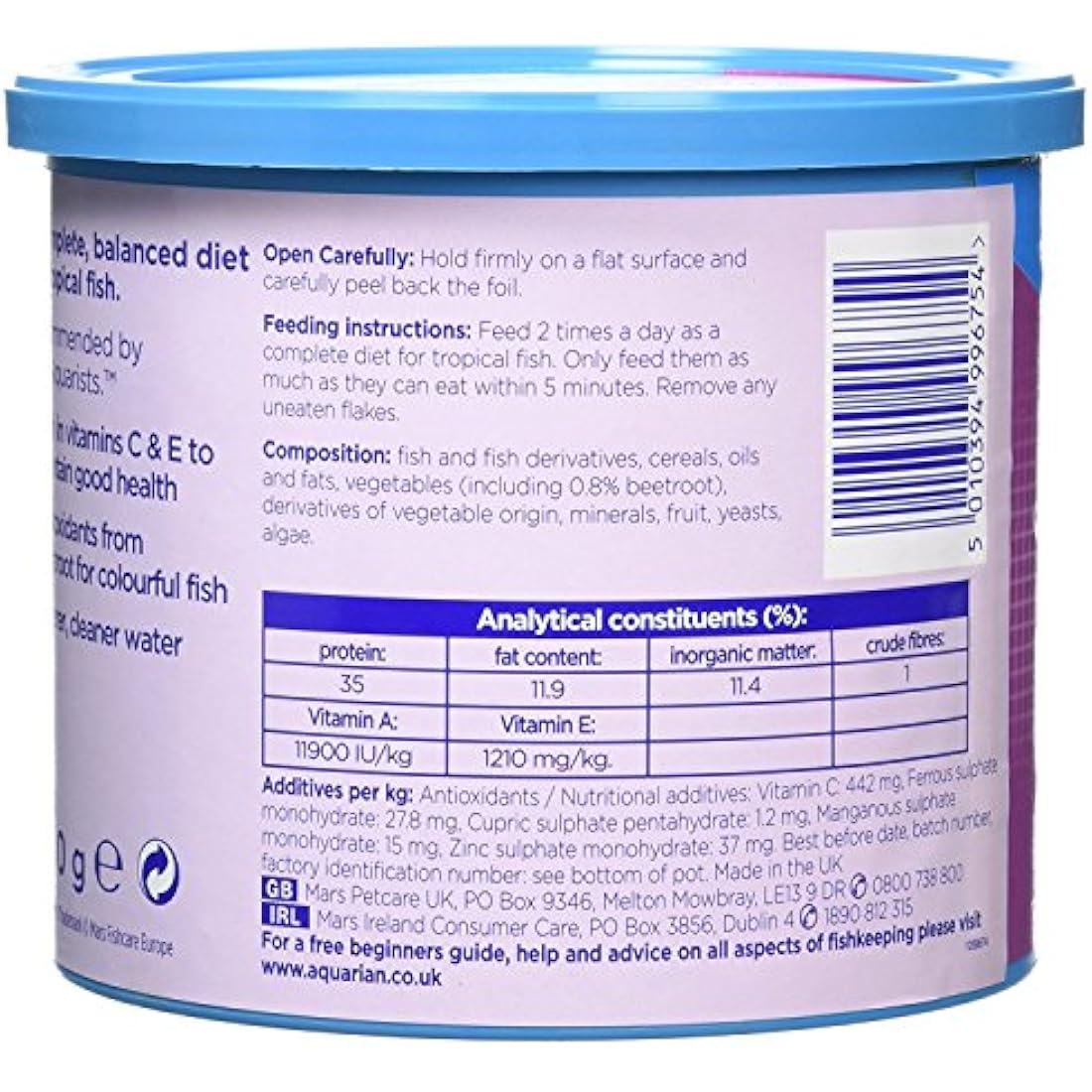 Aquarian Tropical Fish Food Flakes - Complete Nutrition - 200g Container