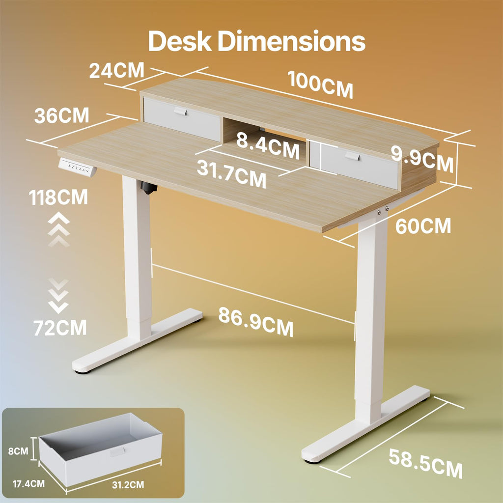 HUANUO Standing Desk with Drawers, 100x60cm, Natural - image 5