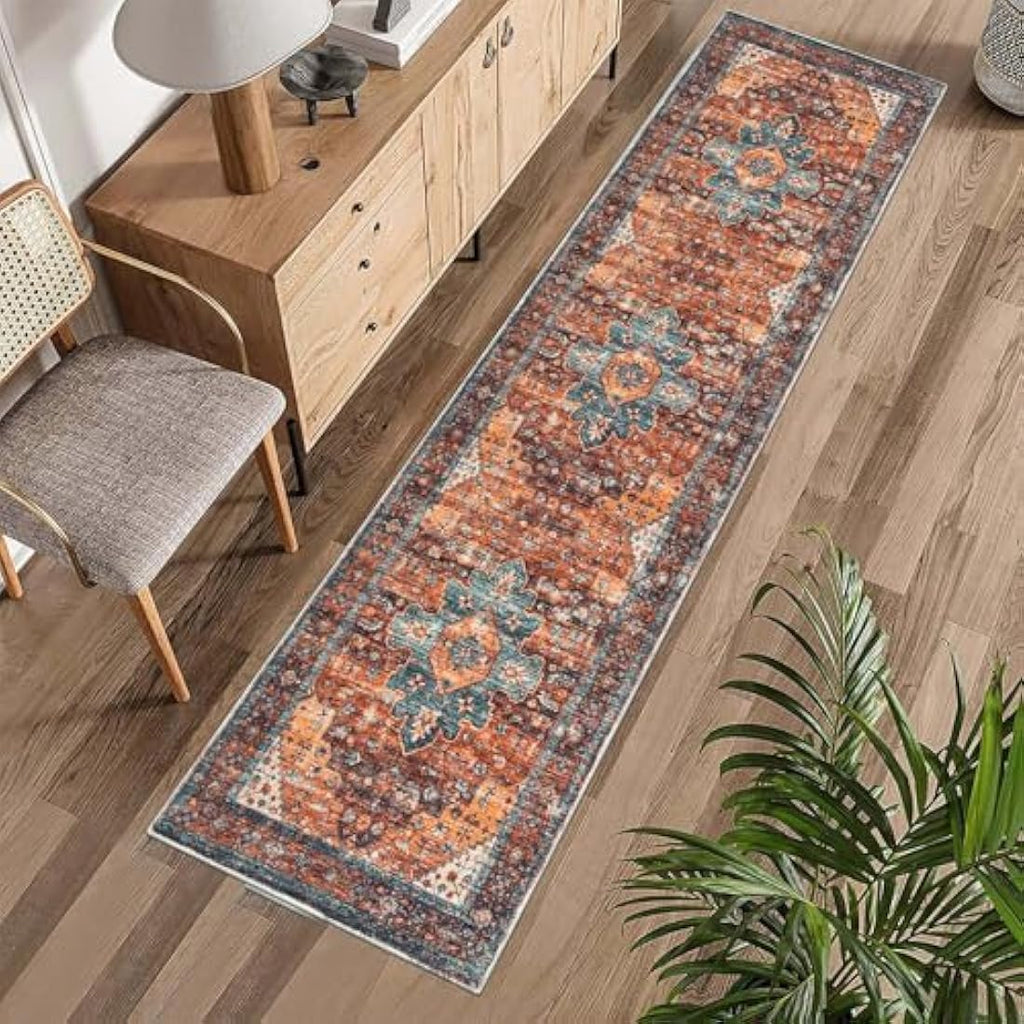 SHACOS Vintage Hallway Runner Rug – Non-Slip Washable Boho Red, 60x300cm