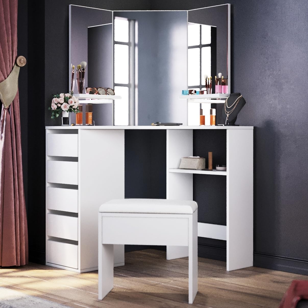 ELEGANT Corner Dressing Table Set - White Vanity Desk with 5 Drawers