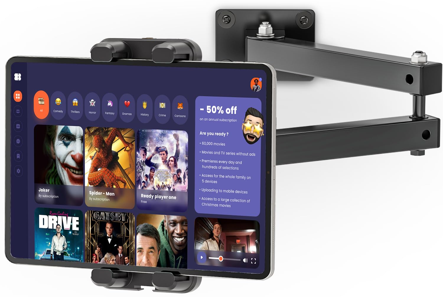 Tendak Aluminum Tablet Wall Mount | Long Arm Holder for 4.7-13.5" iPads
