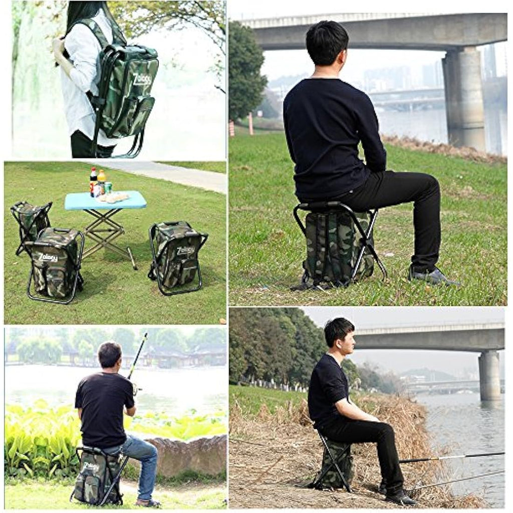 Zology Folding Backpack Chair with Cooler – Camouflage Camping Stool