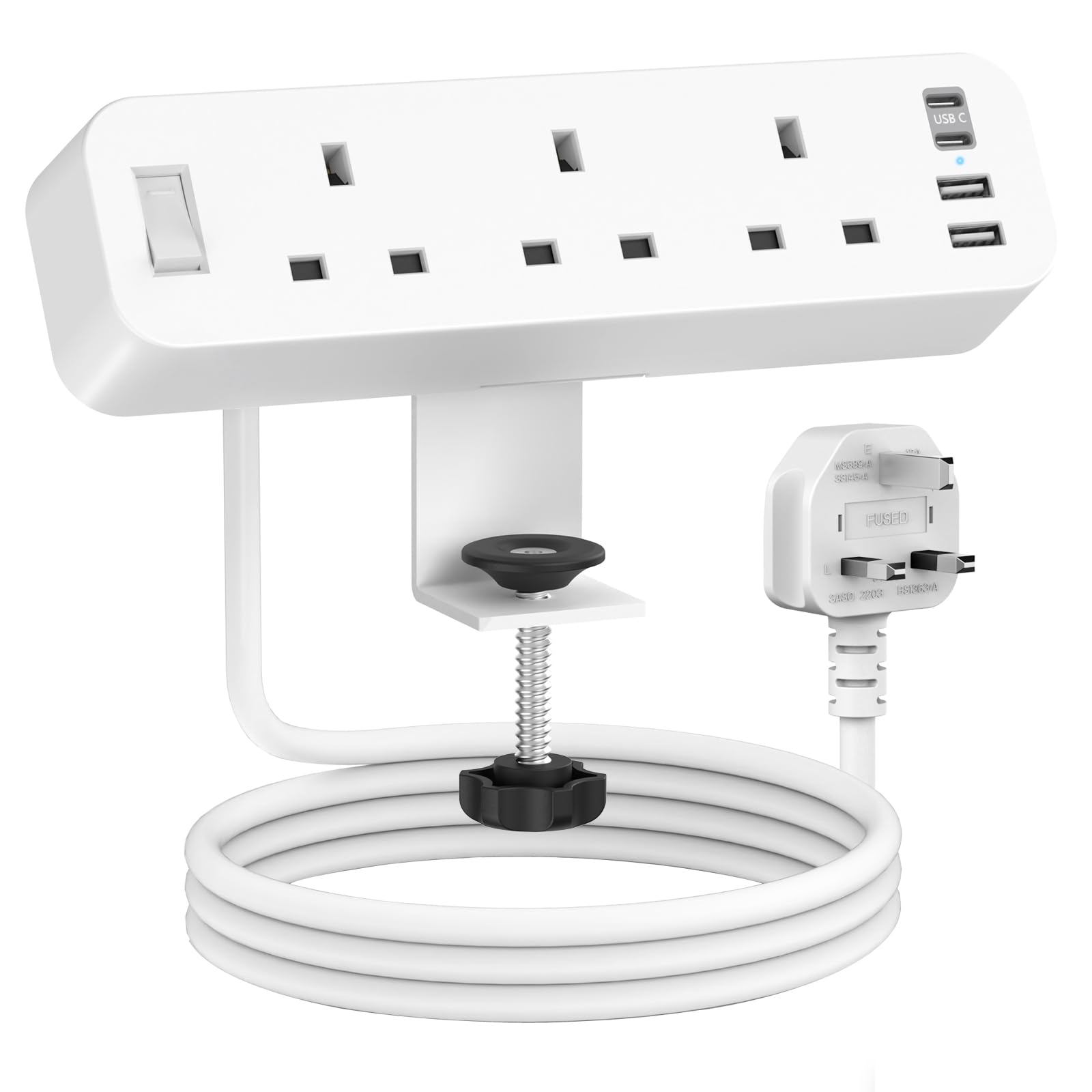 ANVODE Desk Power Strip: 3 Way Socket with 4 USB Ports & 2M Lead