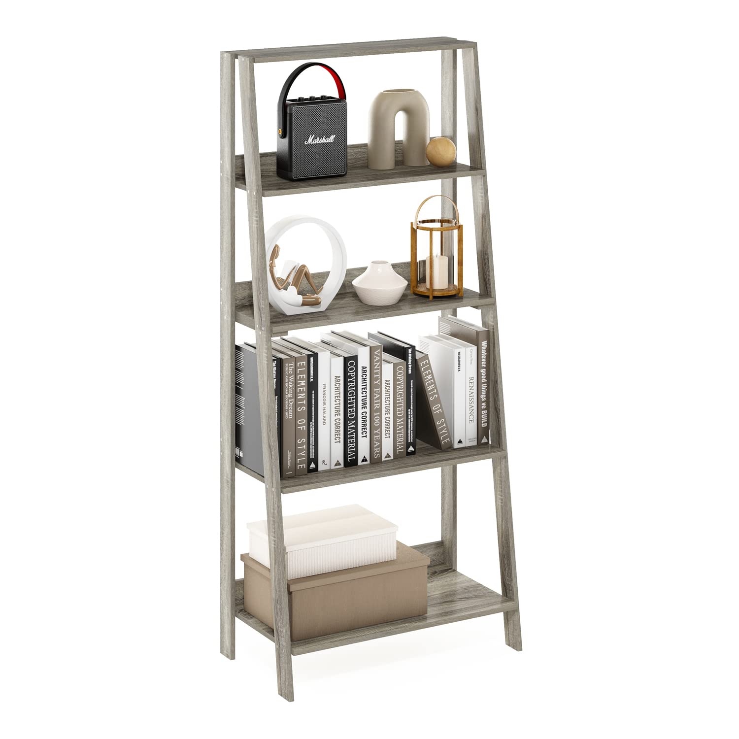 Furinno 5-Tier Ladder Bookcase | Modern Corner Display Shelf, French Oak