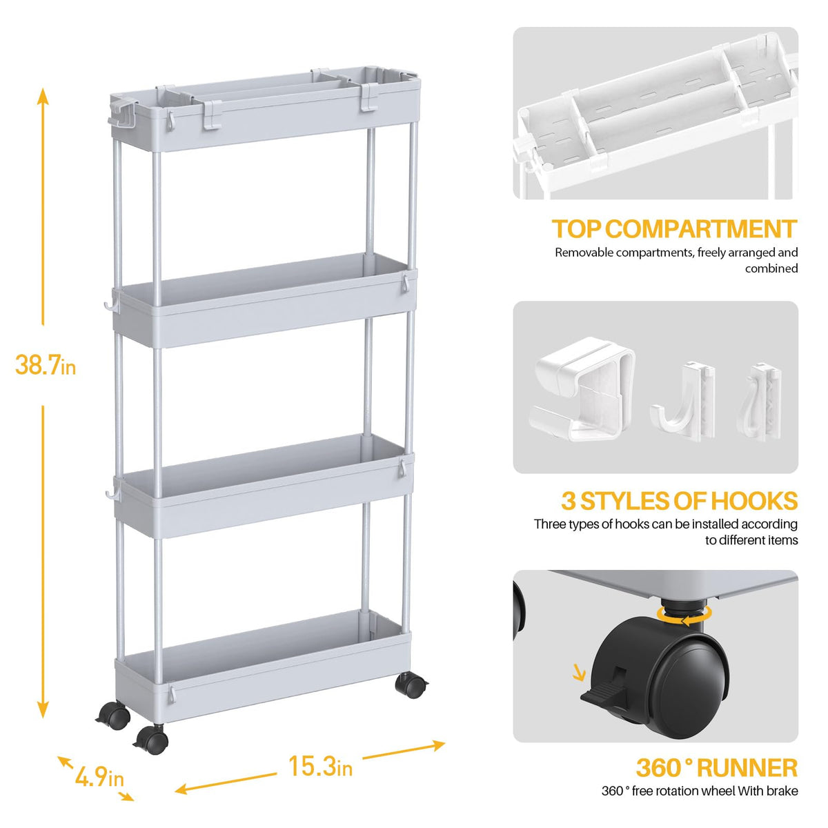SAKA Slim Storage Cart,4 Tier Bathroom Rolling Utility Cart Storage Organizer Slide Out Cart - image 4