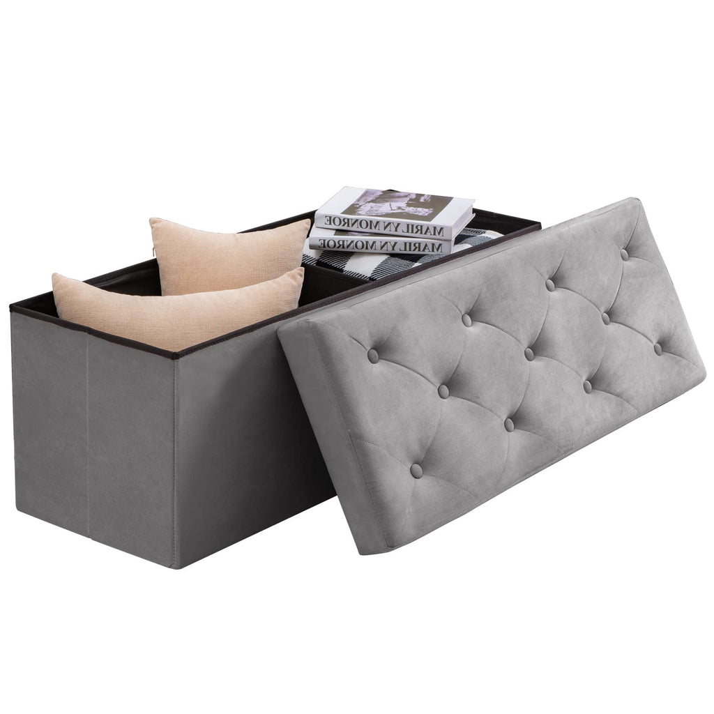 BRIAN & DANY Velvet Folding Storage Ottoman Bench | Gray, 110cm