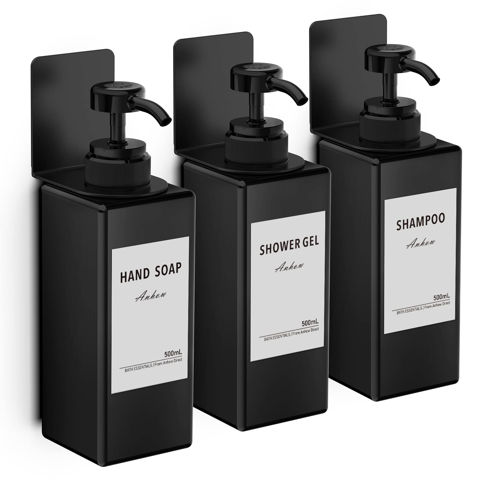 Anhow 3PCS Wall Mounted Soap Dispenser Set | 500ml No-Drill Shower Pump