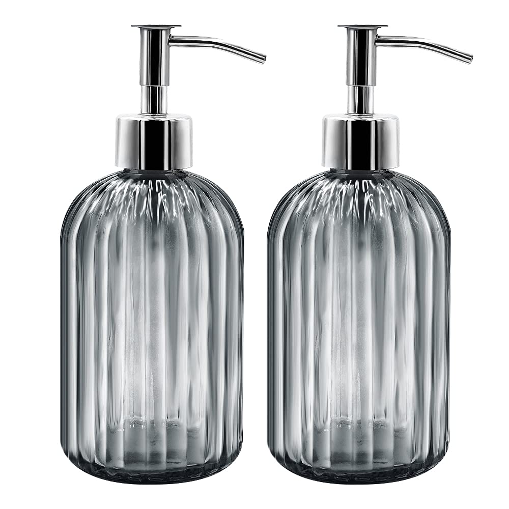 Glass Soap Dispenser 2-Pack – 14oz Refillable Dark Grey