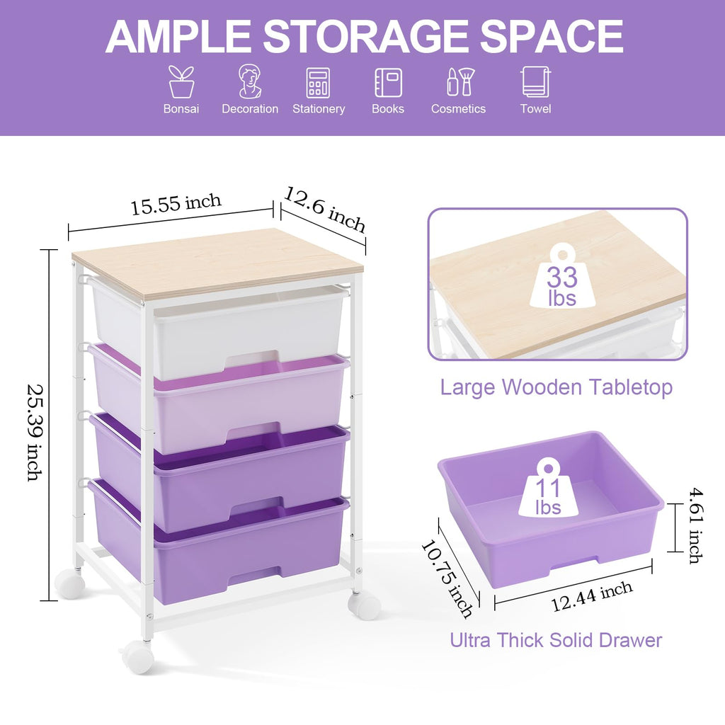 SYKIARIOL 4-Drawer Rolling Storage Cart – Wooden Top Utility Trolley