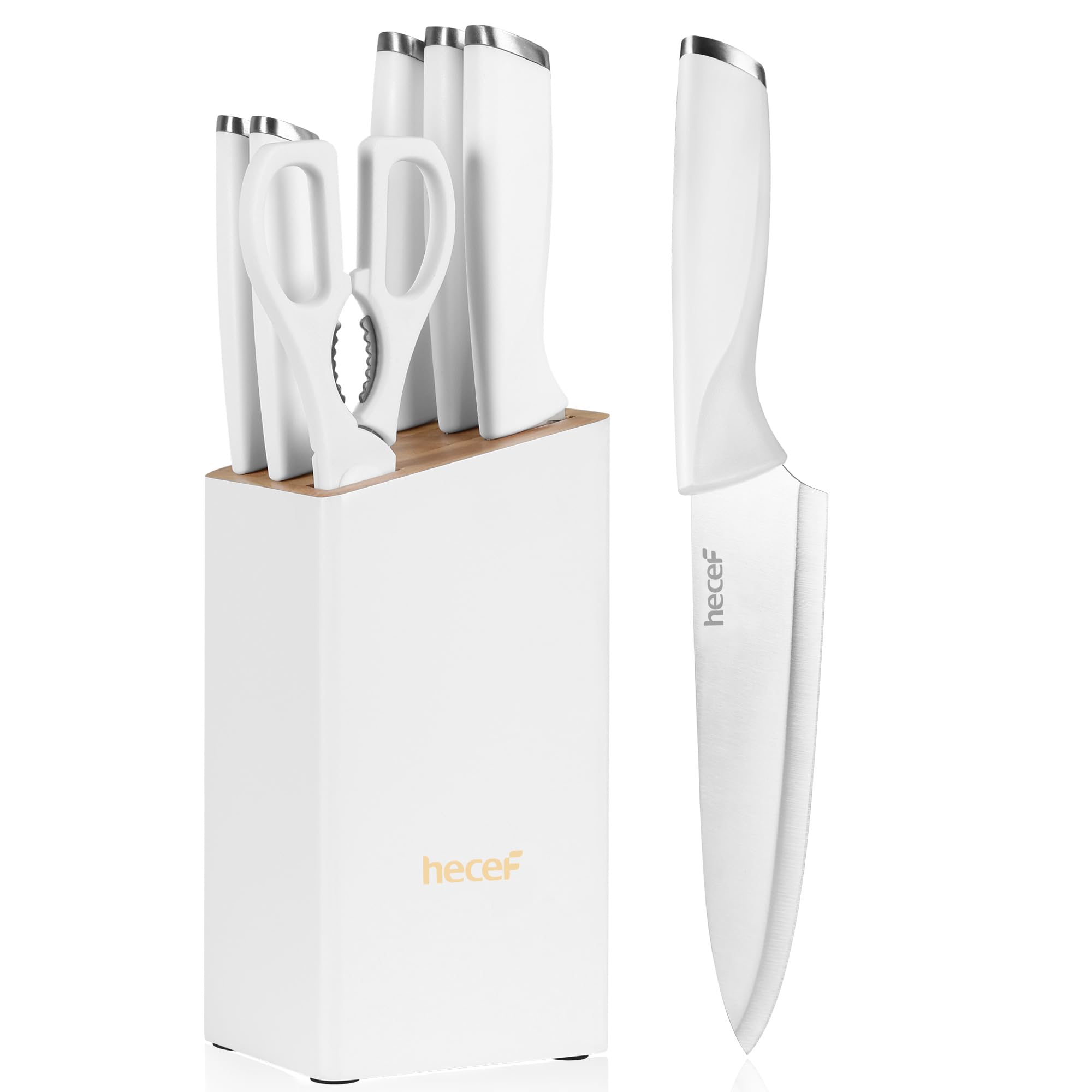hecef 7-Piece Kitchen Knife Block Set | Stainless Steel - White