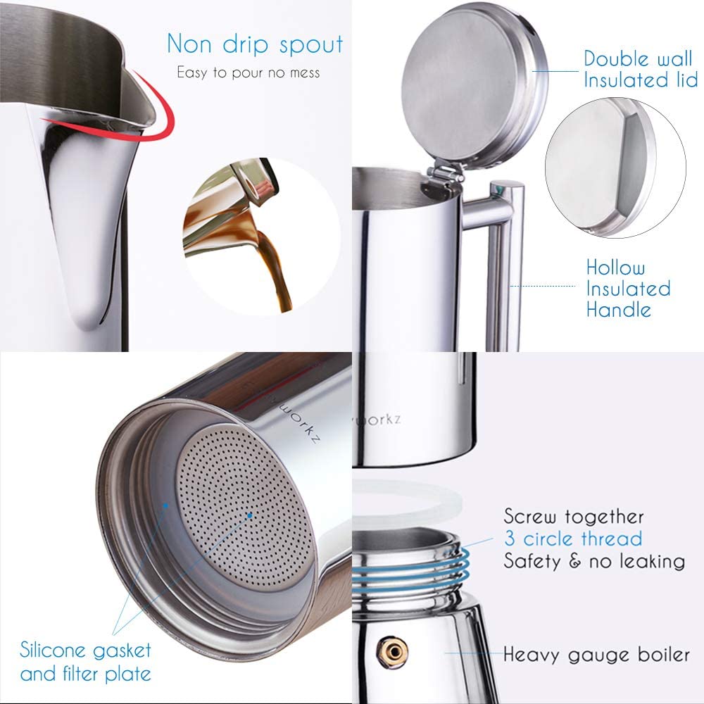 Easyworkz Diego Stovetop Espresso Maker | 4-Cup Stainless Steel Moka Pot