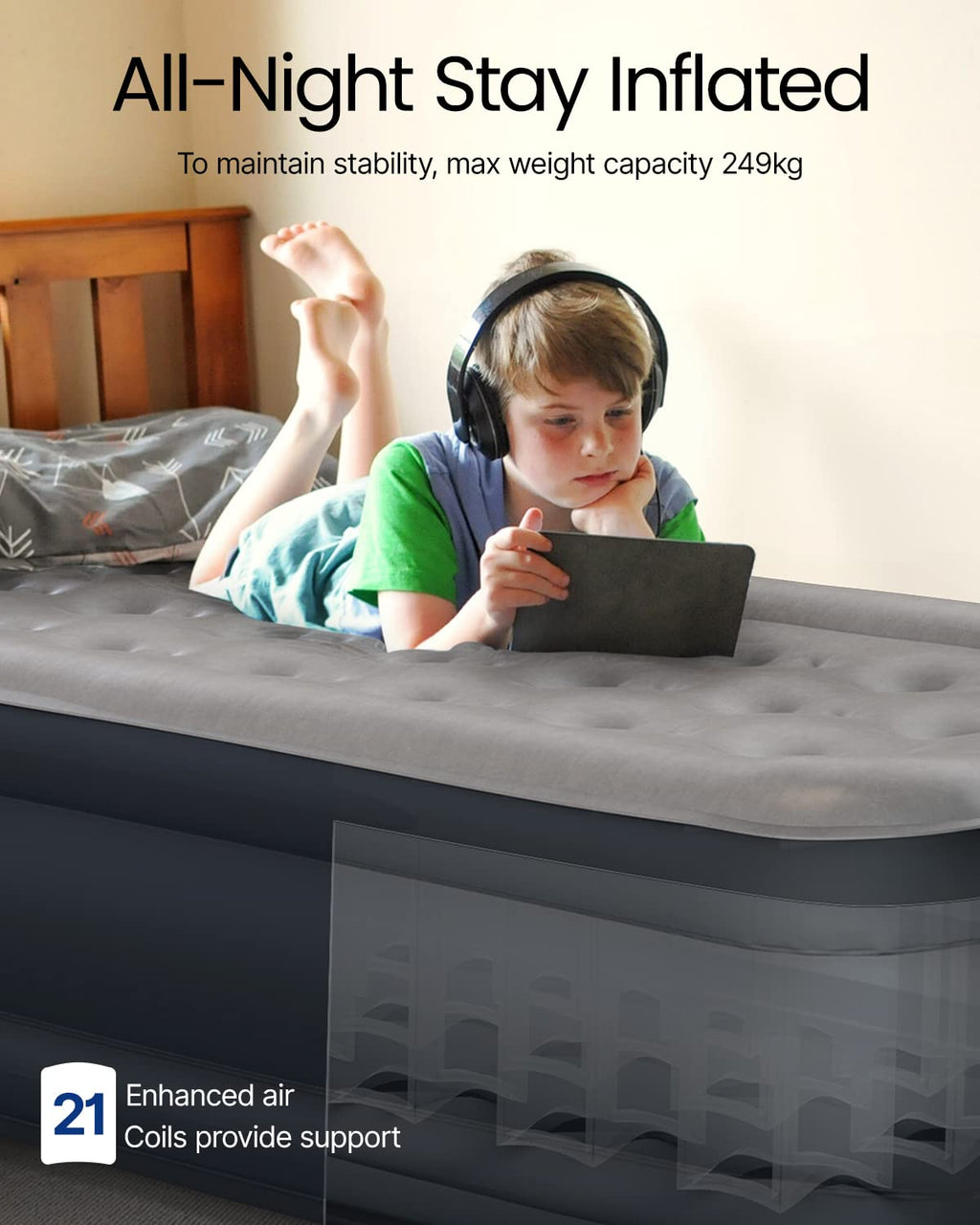 iDOO Single Air Bed | Inflatable Mattress with Built-in Electric Pump