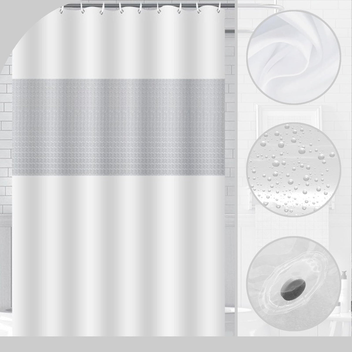 ECO Mould Proof Shower Curtain 180x180cm, Solid Grey-Blue PEVA Waterproof Heavy Duty With 3 Magnets, 12 Plastic Hooks - image 3