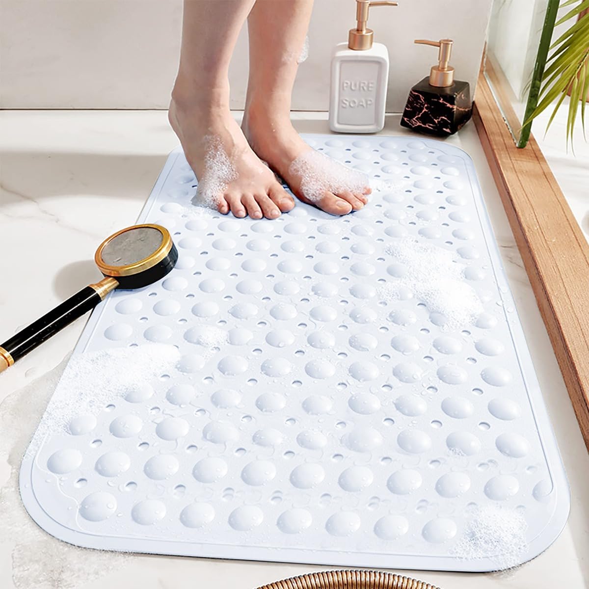 Rugs Inn Non-Slip Pebble Bath Mat – Extra Long Machine Washable, Sky Blue