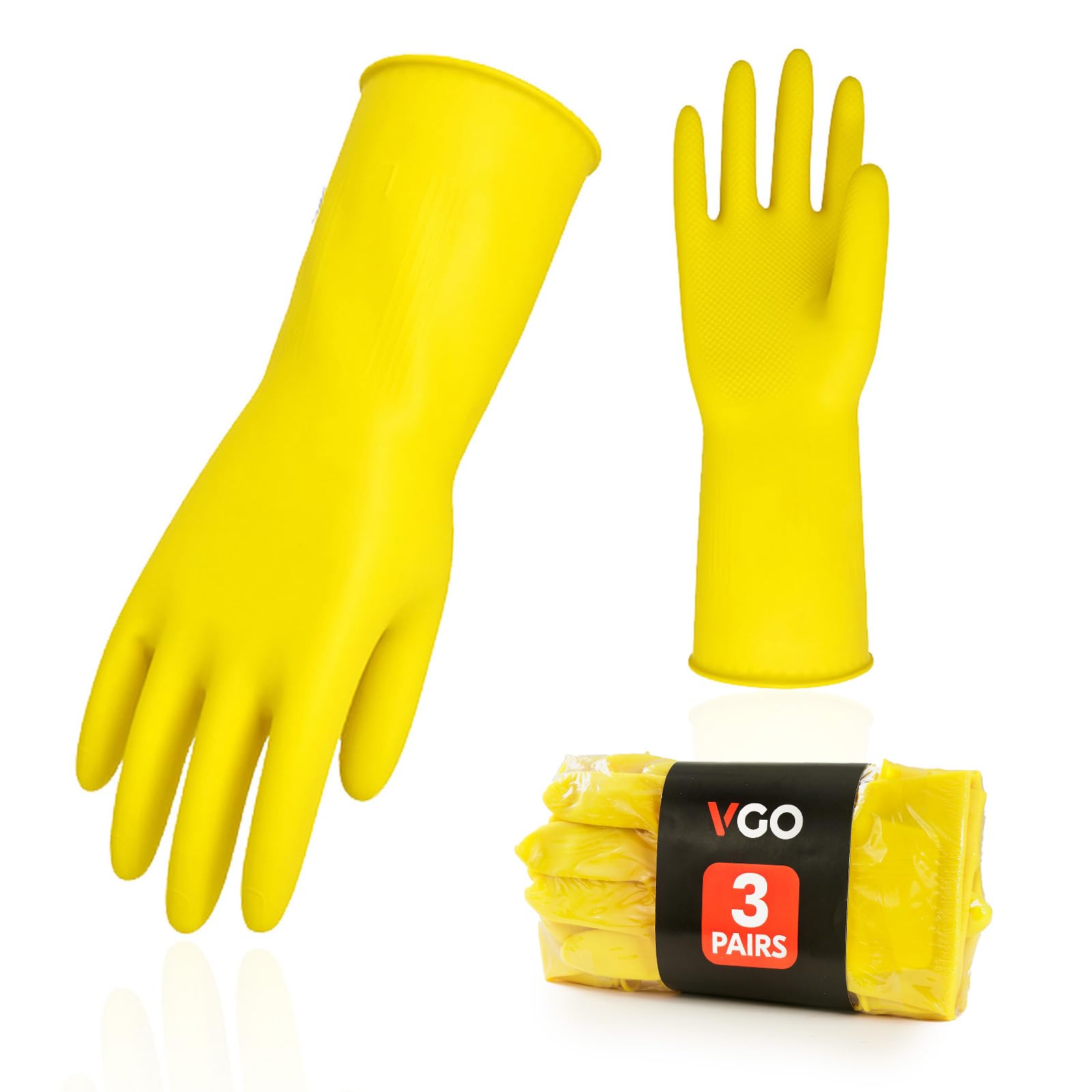 Vgo 3-Pair Reusable Rubber Dishwashing Gloves | Long Sleeve Yellow