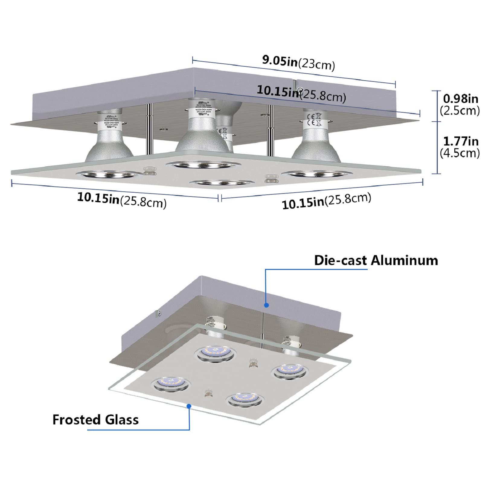 Allesgute 4-Way Flush Ceiling Light | Chrome Square Spotlight 6000K